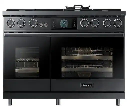 Front. Dacor - Contemporary 6.6 Cu. Ft. Slide-In Double Oven Dual Fuel Four-Part Pure Convection Range with GreenClean and Griddle - Graphite Steel.