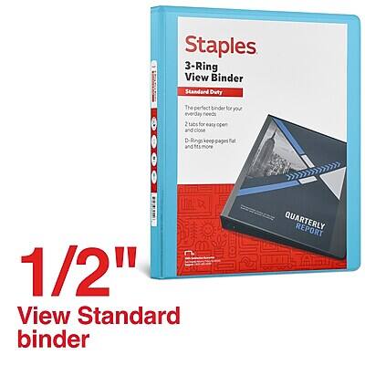 Staples  
3-Ring View Binder  
Standard Duty  

The perfect binder for your everyday needs  
2 tabs for easy open and close  
D-Rings keep pages flat and fts more  

1/2" View Standard binder  

QUARTERLY REPORT  

1/2" View Standard binder