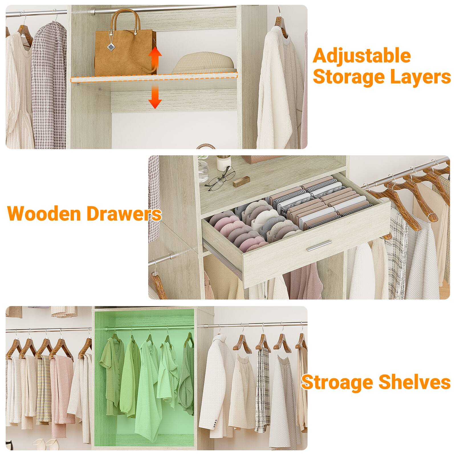 Adjustable Storage Layers  
Wooden Drawers  
Storage Shelves