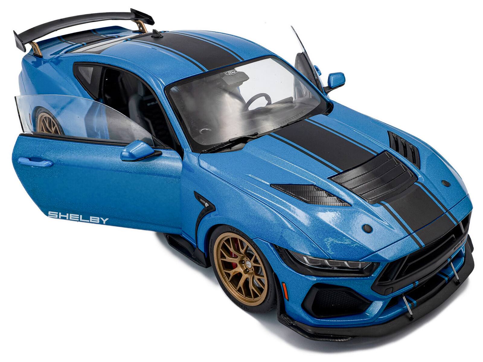 Alt View 1. Solido - 2024 Ford Shelby Mustang Super Snake Grabber Blue Metallic with Black Stripes 1/18 Diecast Model Car by Solido.