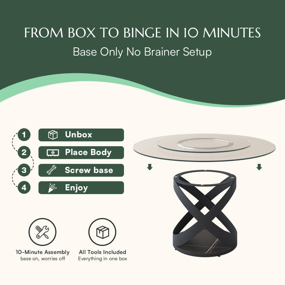 FROM BOX TO BINGE IN 10 MINUTES  
Base Only No Brainer Setup  

1. Unbox  
2. Place Body  
3. Screw base  
4. Enjoy  

10-Minute Assembly  
base on, worries off  

All Tools Included  
Everything in one box