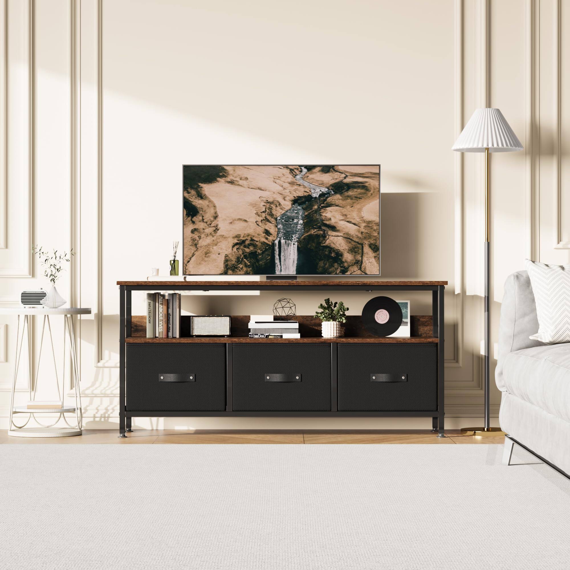 Left. Acekool - 55 Inch TV Stand for Living Room, Dresser TV Stand for with 3 Drawers, Small Entertainment Center with Storage - Brown.