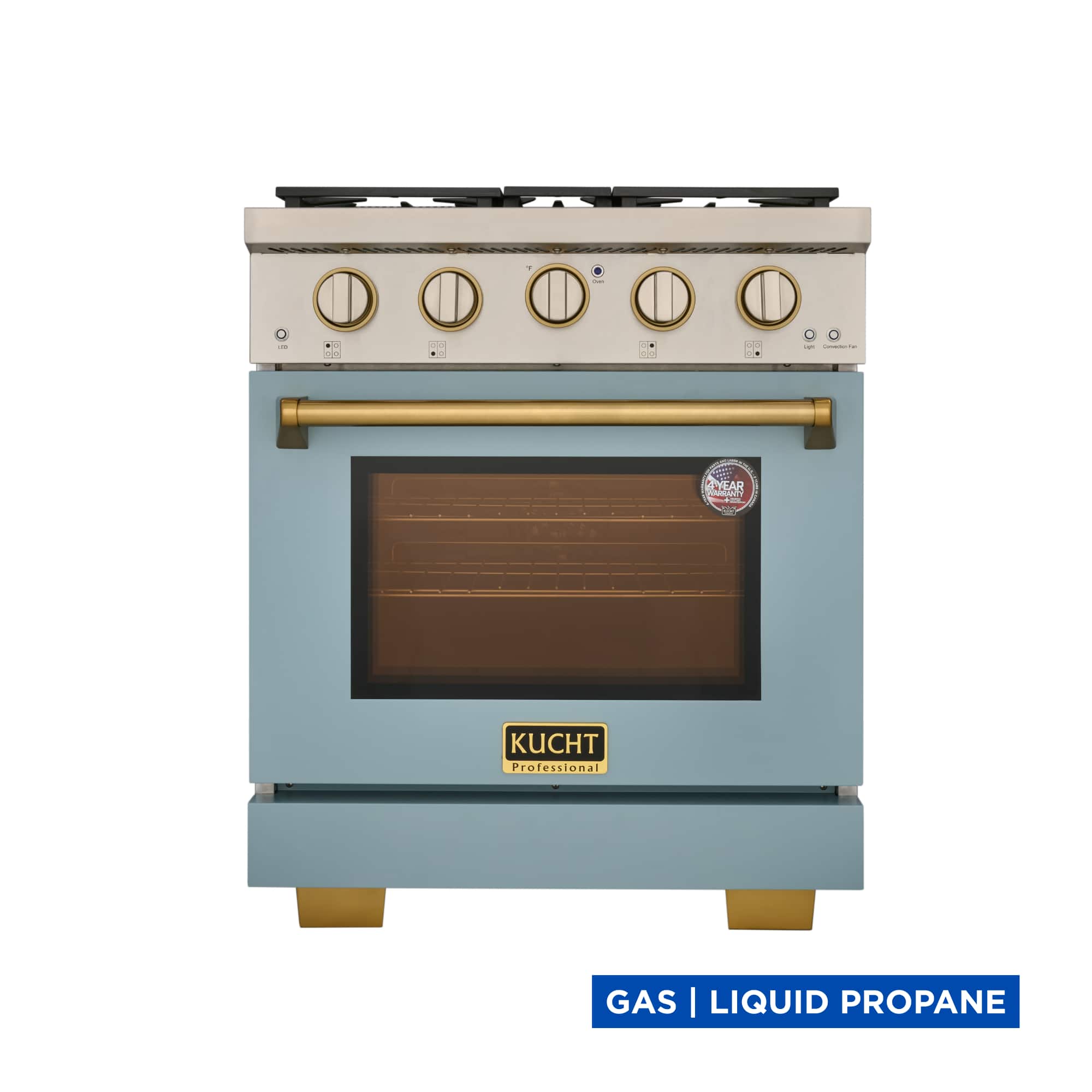 Kucht - 30 in. 4.2 cu. ft. Propane Gas Range and Convection Oven in Light Blue with gold handle and True Simmer Burners - Light Blue price history on PriceWatchPro