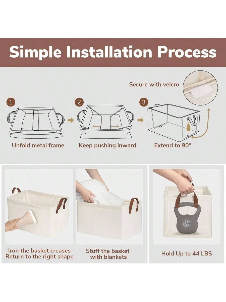 Simple Installation Process

1. Unfold metal frame
2. Keep pushing inward
3. Extend to 90°
   Secure with velcro

Iron the basket creases
Return to the right shape

Stuff the basket with blankets

Hold Up to 44 LBS