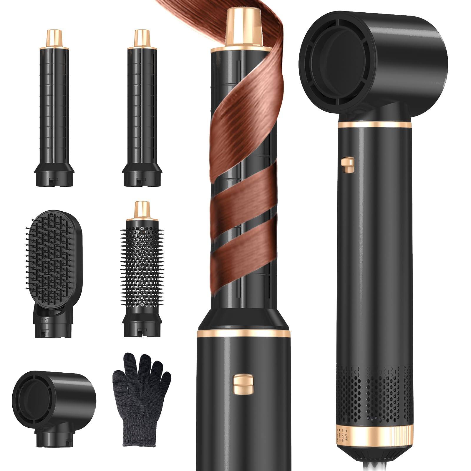 Front. GlowWise - 5-in-1 Hair Dryer Brush Ionic Styler with Auto Curlers for Drying, Straightening & Curling – Detachable & Professional - Champagne Gold.