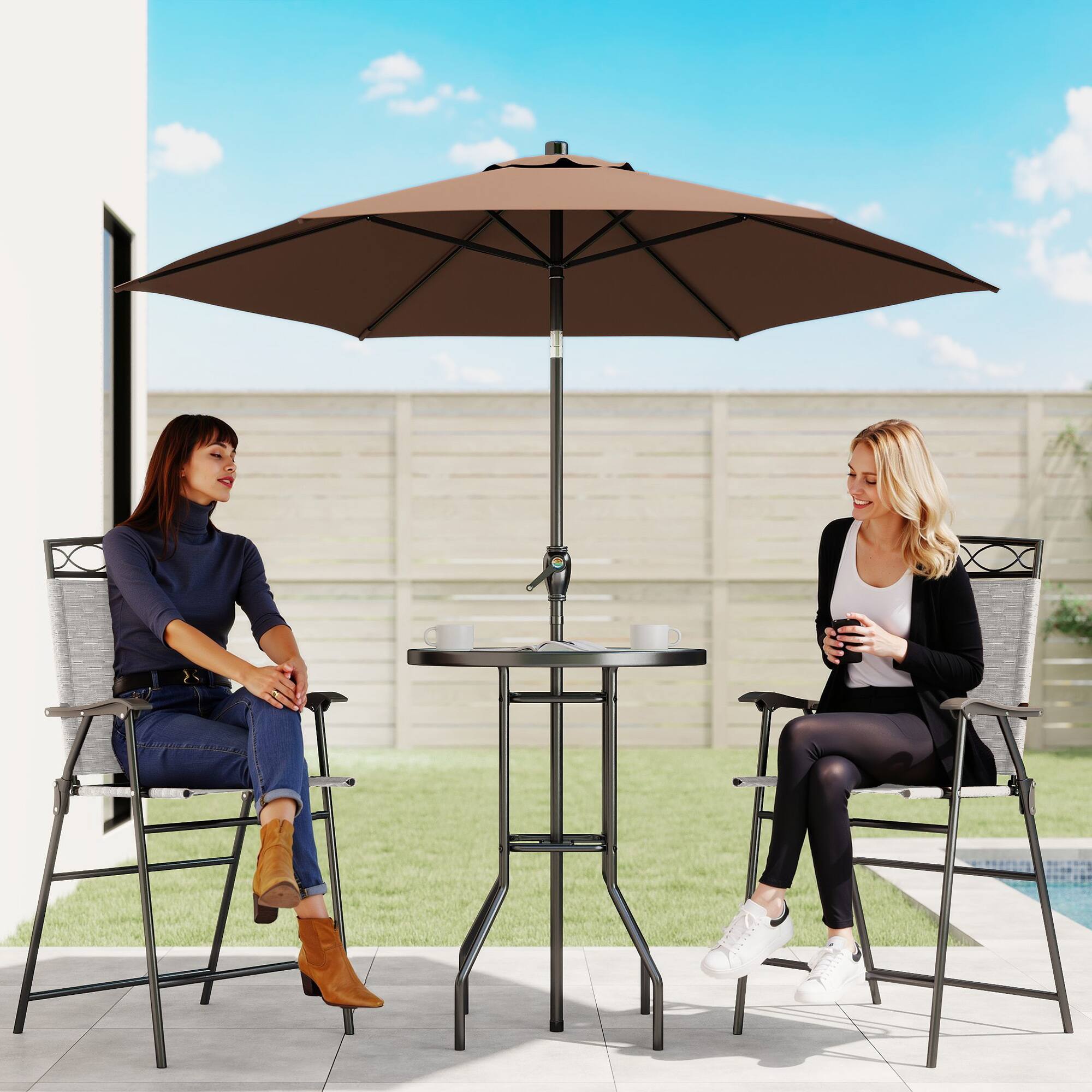 Alt View 1. Outsunny - Piece Outdoor Bar Set with Umbrella, Patio Dining Set with 2 Folding Chairs - Beige.