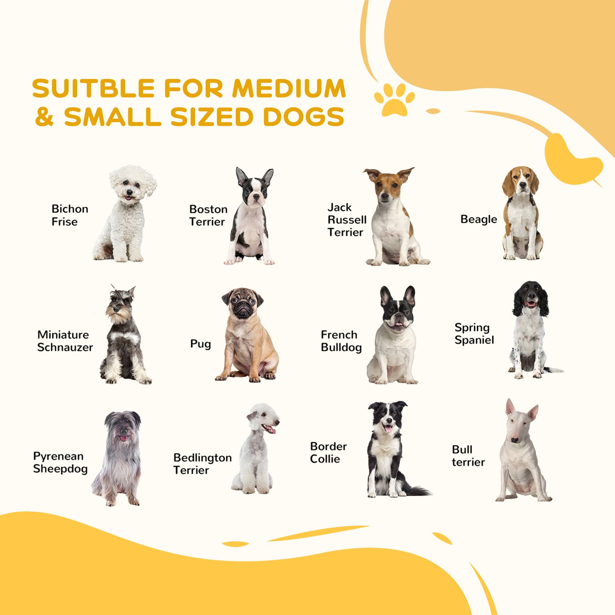 SUITABLE FOR MEDIUM & SMALL SIZED DOGS

- Bichon Frise
- Boston Terrier
- Jack Russell Terrier
- Beagle
- Miniature Schnauzer
- Pug
- French Bulldog
- Spring Spaniel
- Pyrenean Sheepdog
- Bedlington Terrier
- Border Collie
- Bull Terrier