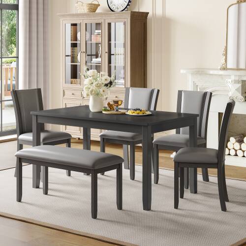 Alt View 2. LUCKY ONE - 6-Piece Modern Dining Set with 58.5" Rectangular Dining Table, Bench and 4 Upholstered Chairs - Gray.