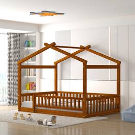 Whisen - Wood House Bed Frame with Fence for Kids and Teens - Walnut