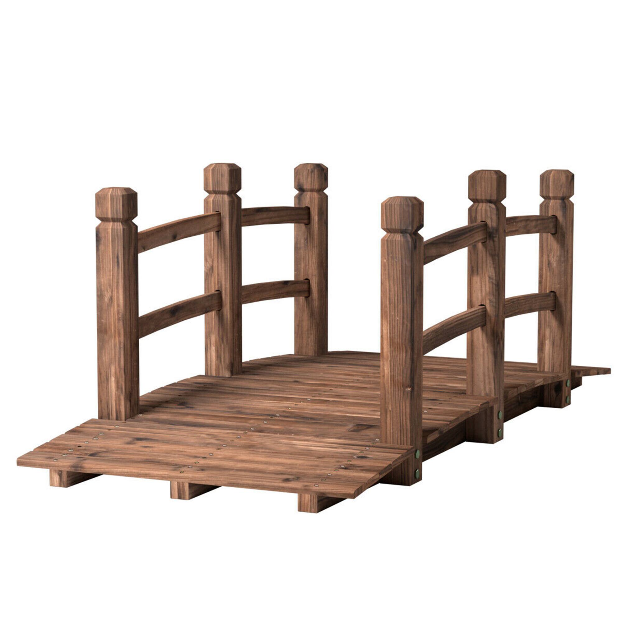 Alt View 3. Gymax - Gymax 5Ft Garden Wooden Bridge Decoration Backyard Pond w/ Safety Rails Brown - Brown.