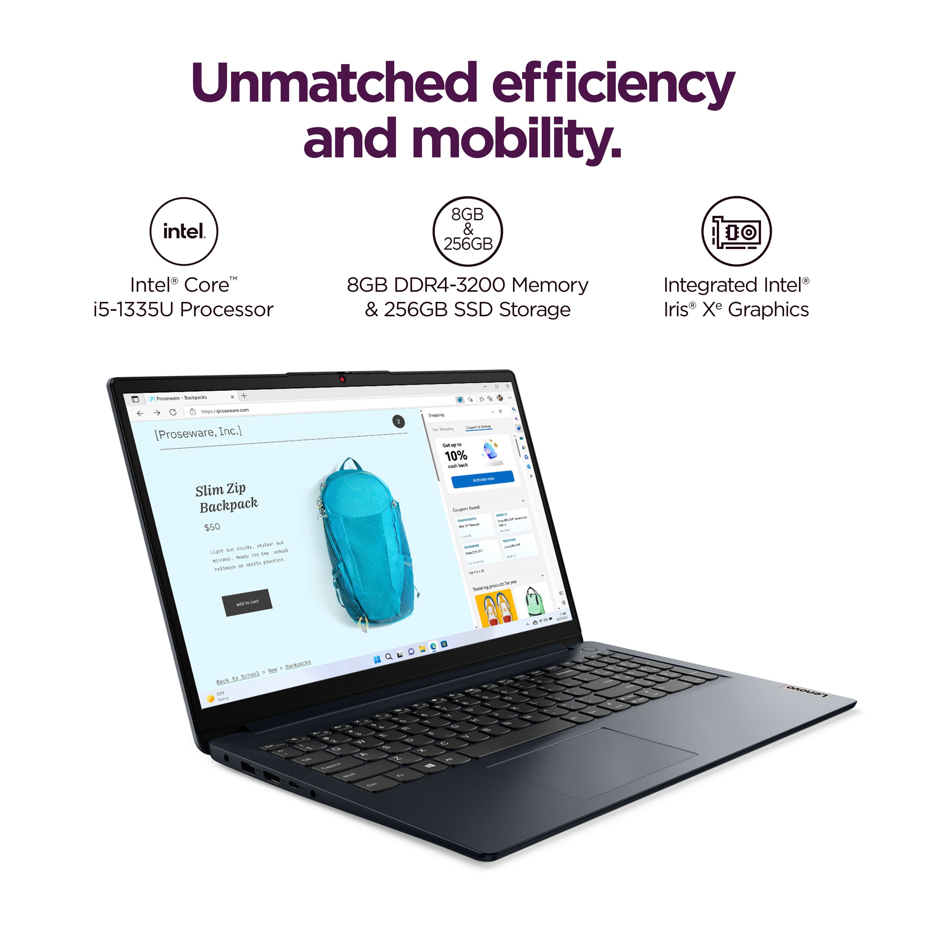 Unmatched efficiency and mobility. Intel Core i5-1335U Processor 8GB DDR4-3200 Memory & 256GB SSD Storage Integrated Intel Iris X Graphics - Proseware, Inc. - 10% - Slim Zip Backpack $50