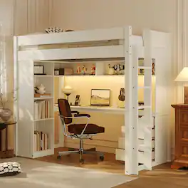 Anysun - Twin Solid Wood Loft Bed with L-Shaped Desk & 4 Drawers - App-Controlled RGB Lights, USB Ports & 4-Tier Shelves - White