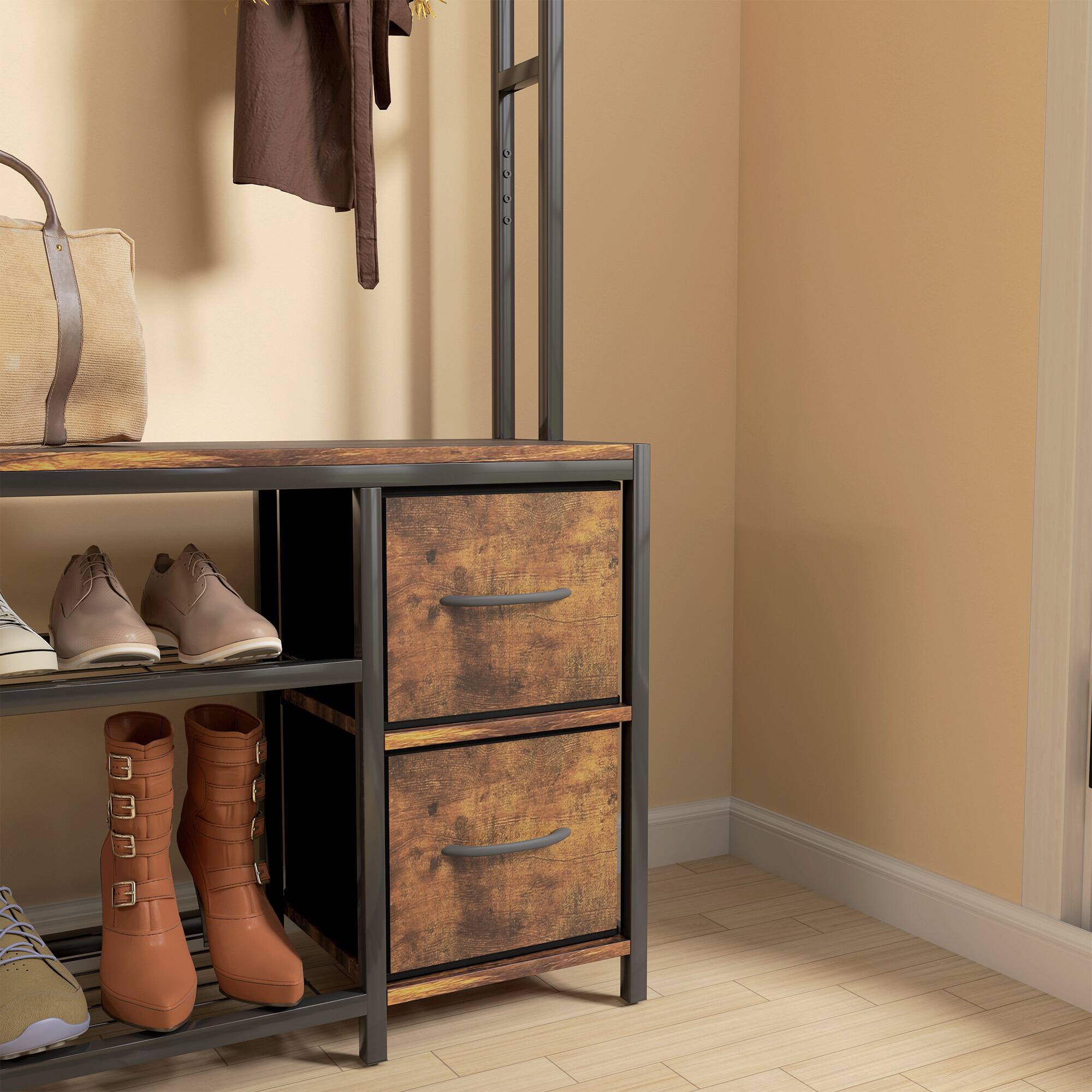 Alt View 7. Homcom - Hall Tree with Bench and Shoe Storage, 5-in-1 Entryway Bench with Coat Rack, 3 Storage Compartments, 5 Coat Hooks - Brown.