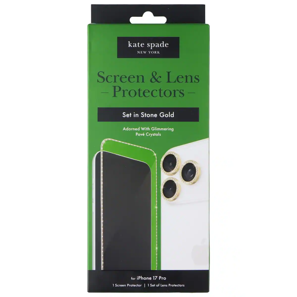kate spade NEW YORK Screen & Lens Protectors Set in Stone Gold Adorned With Glimmering Pavé Crystals for iPhone 17 Pro | 1 Screen Protector | 1 Set of Lens Protectors