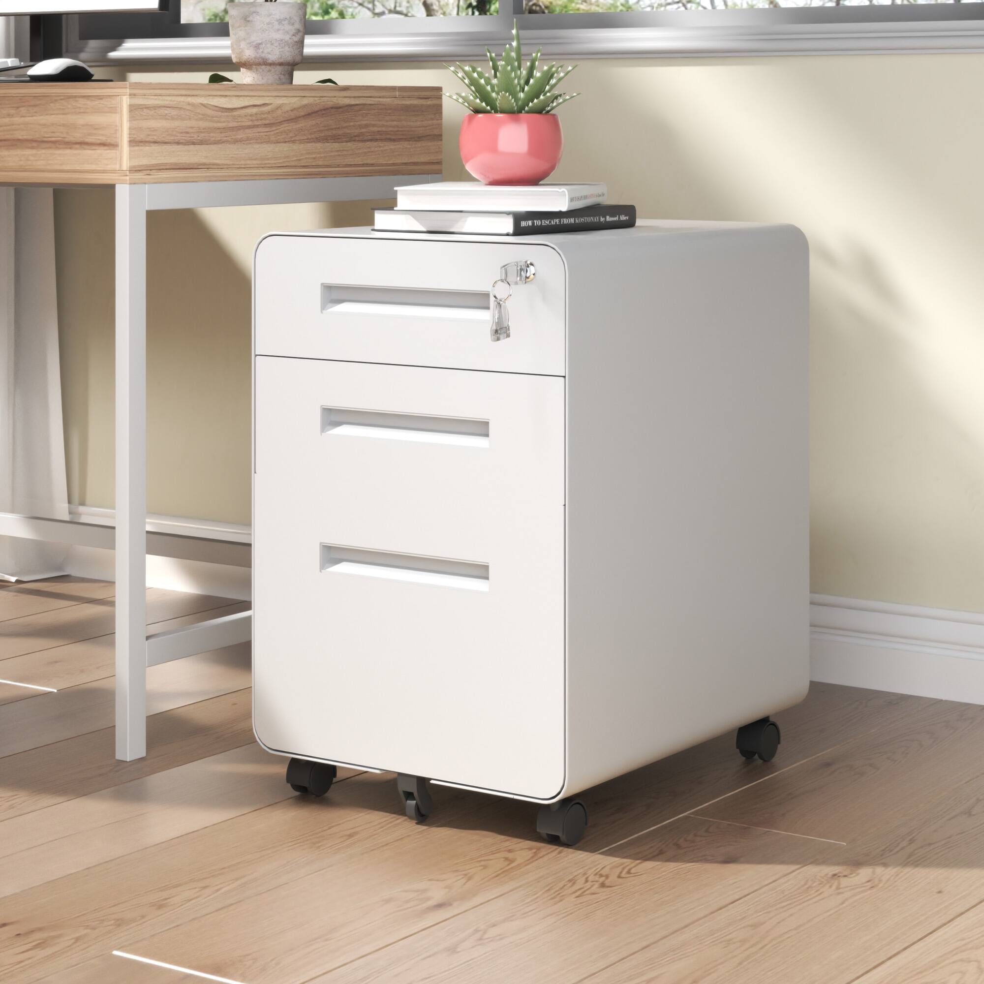 Alt View 1. Ecooso - 3 Drawer Mobile File Cabinet with Lock, All-Steel Office File Storage Organizer on Casters, Fully Assembled - White.