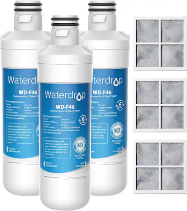 Waterdrop WD-F46
Replacement for: LG filter LT1000P
Operating specification:
Flow rate: 0.5 gpm (1.9 lpm)
Flow rate: 20-100 psi (140-689 kpa)
Flow rate: 200 gallons, whichever comes first
Temperature: 30-40°C (68-104°F)
Certified by NSF/ANSI Standard 42 for chlorine reduction, taste, and odor reduction.
Tested and Certified by NSF Model EFF-60465
NSF/ANSI 372 Certified (25% lead reduction)