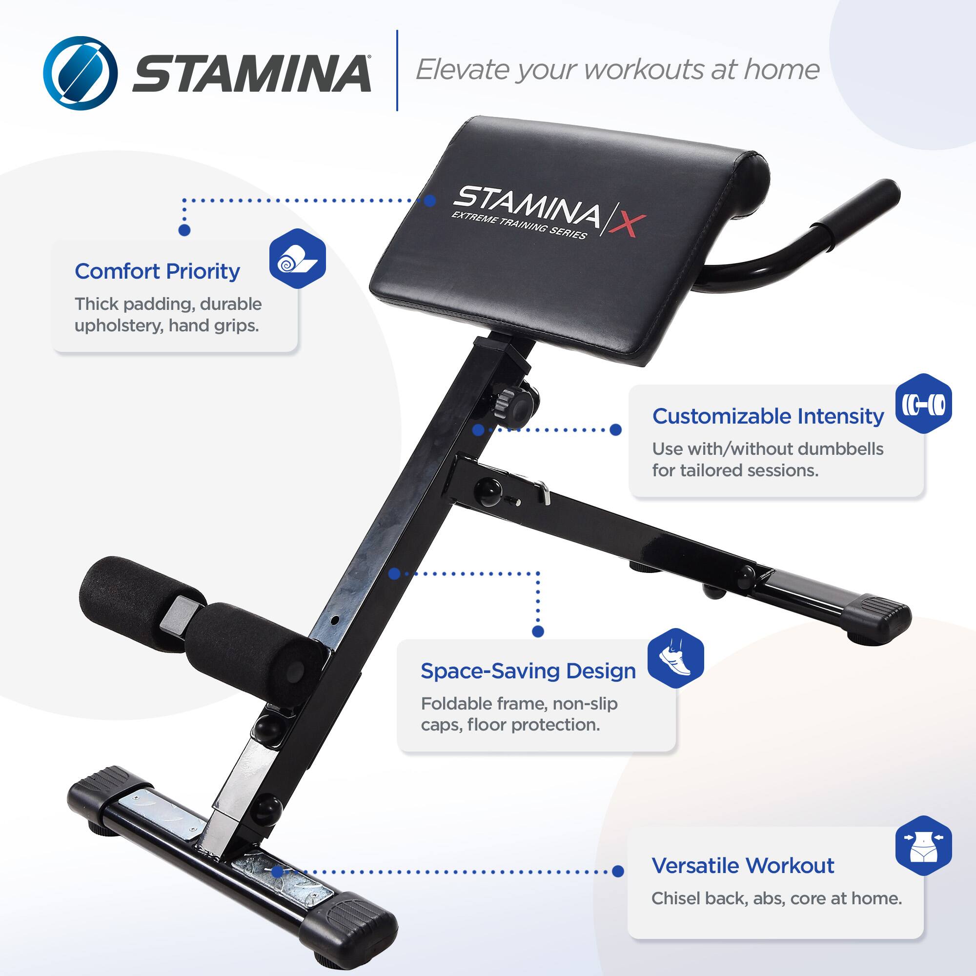 STAMINA  
Elevate your workouts at home  

Comfort Priority  
Thick padding, durable upholstery, hand grips.  

Customizable Intensity  
Use with/without dumbbells for tailored sessions.  

Space-Saving Design  
Foldable frame, non-slip caps, floor protection.  

Versatile Workout  
Chisel back, abs, core at home.