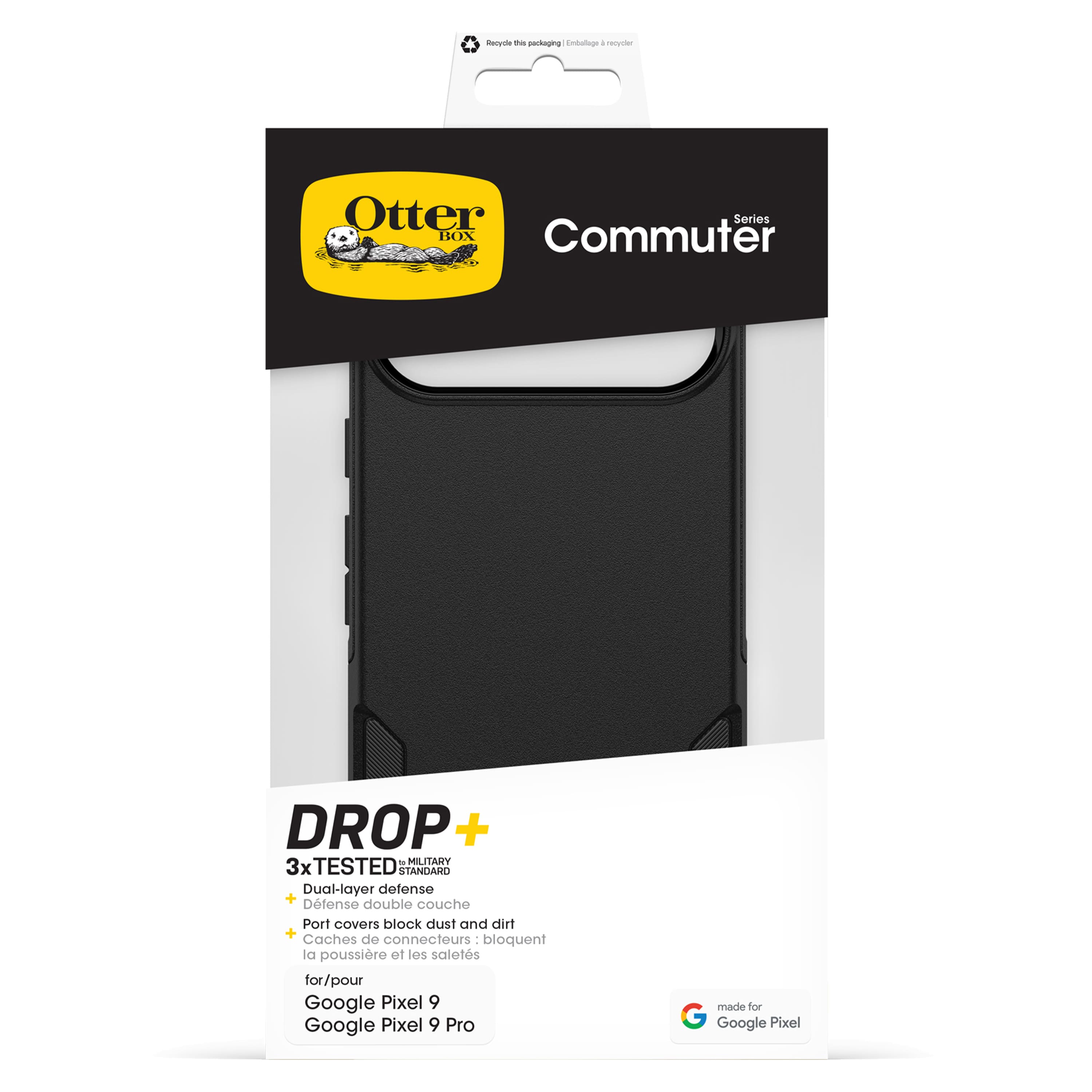 The text on the image reads:
"Otter Series BOX Commuter DROP + - 3x TESTED - MILITARY GRADE - Standard Dual-layer defense - Port covers block dust and dirt - Catches de connecteurs I bloquent a poussire et les salets for/pour Google Pixel 9 Google Pixel 9 Pro made for Google Pixel."