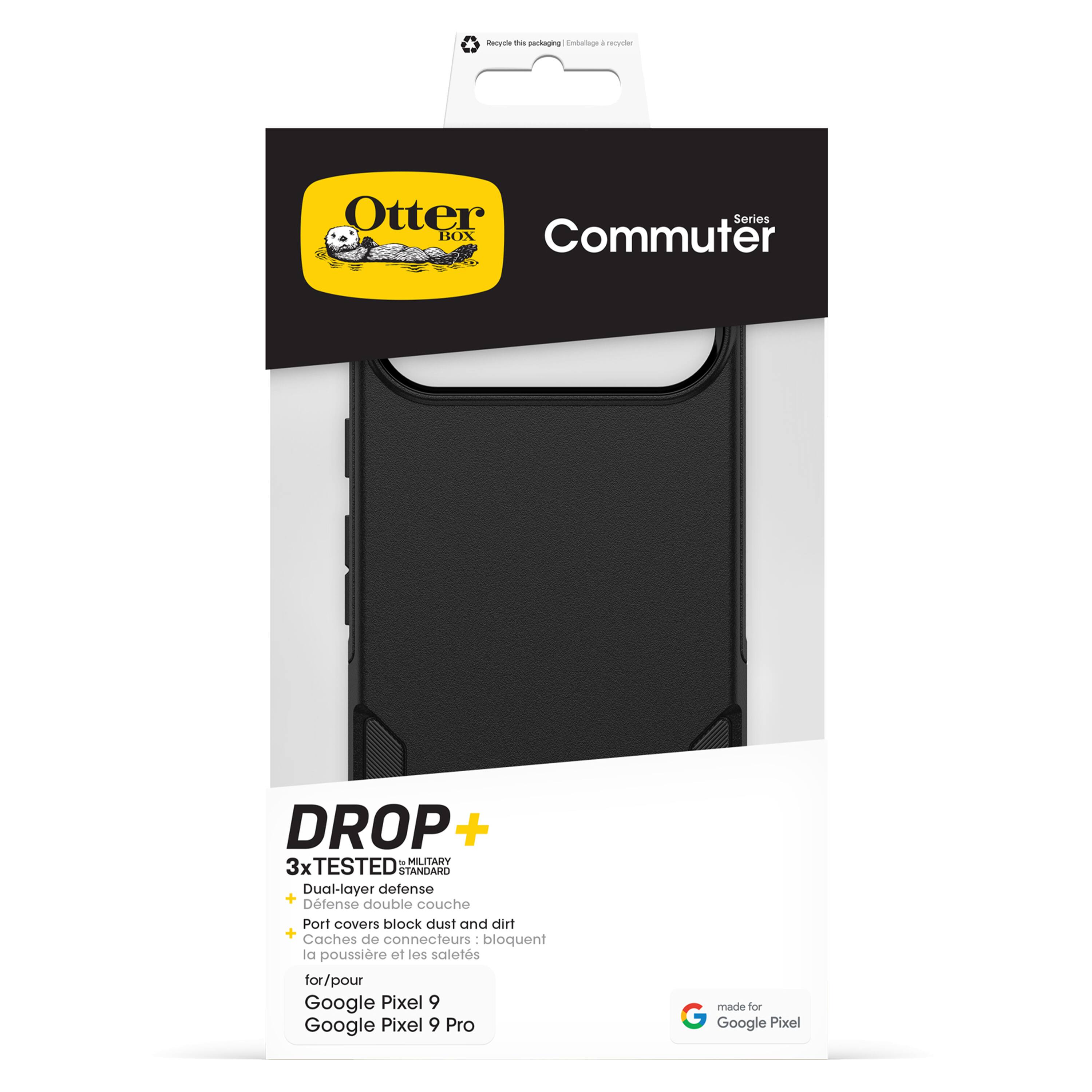 The text on the image reads:

"Otter Series BOX Commuter DROP + - 3x TESTED - MILITARY GRADE - Standard Dual-layer defense - Port covers block dust and dirt - Catches de connecteurs I bloquent a poussire et les salets for/pour Google Pixel 9 Google Pixel 9 Pro made for Google Pixel."