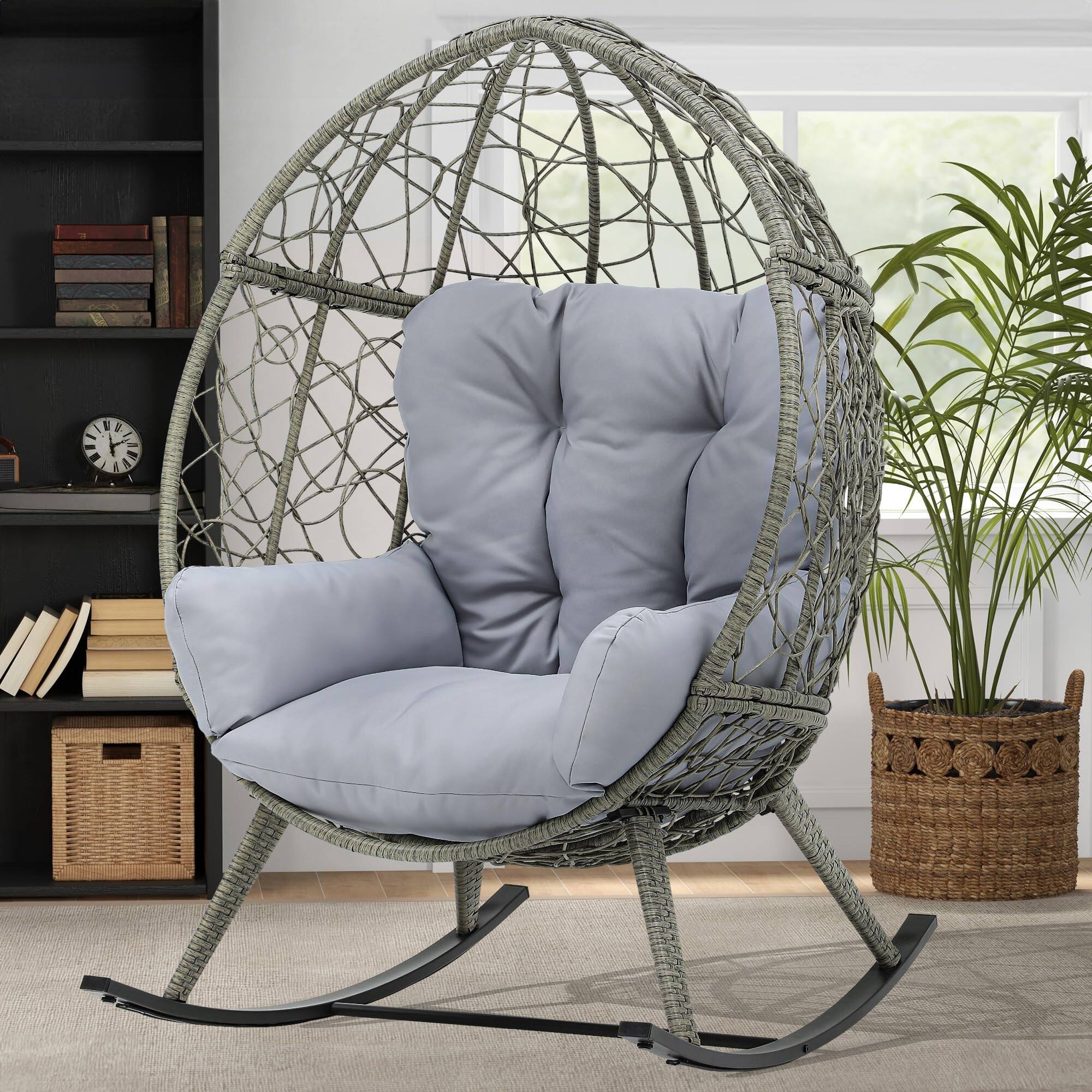 Back. Fabibe - Wicker Rocking Egg Chair, Oversized Indoor Outdoor Rattan Rocking Chair, Indoor Outdoor Lounger for Patio,... - Grey.