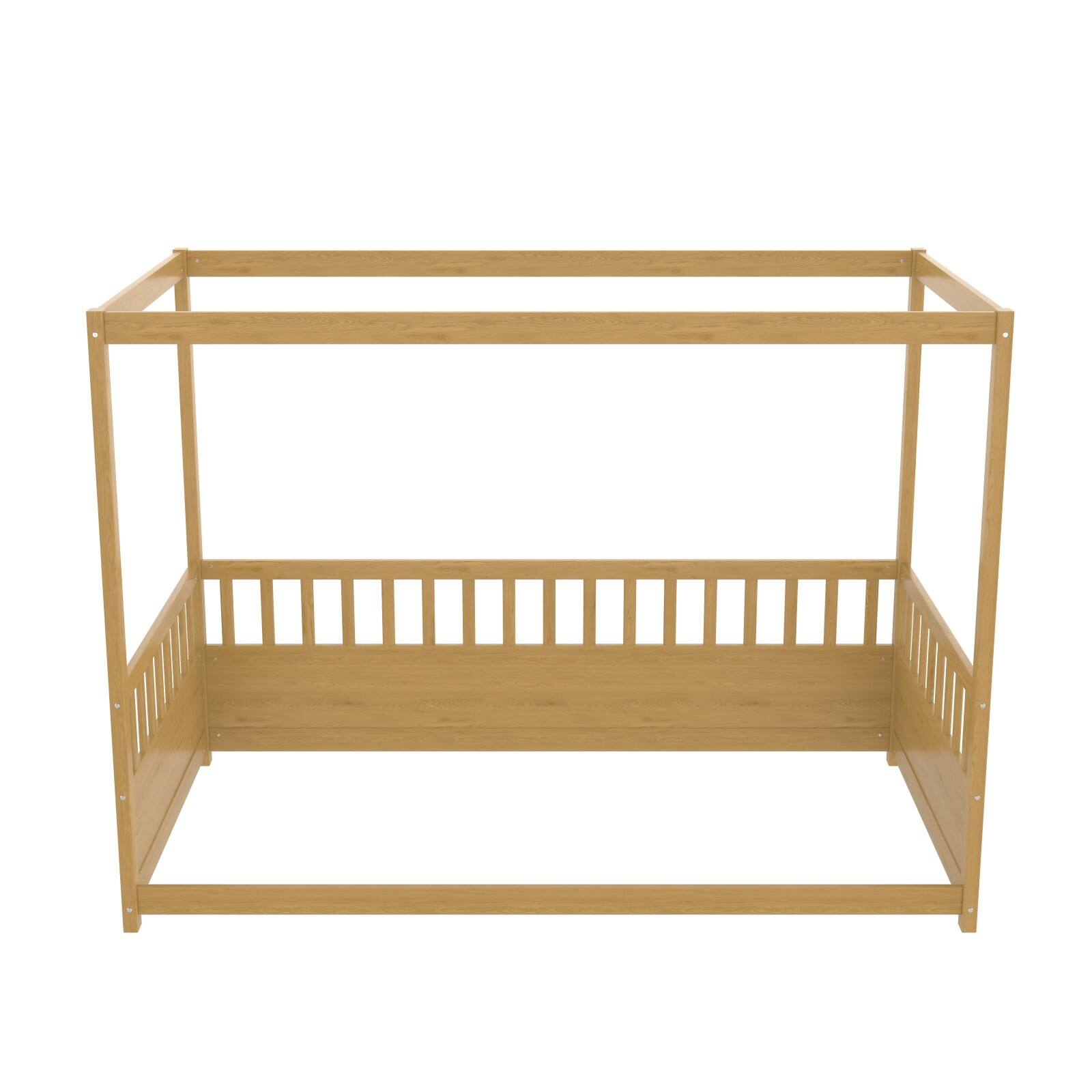 Alt View 5. Ecooso - Twin Size Canopy Bed Frame with Guardrails for Kids,Floor Bed Twin with Four Poster Design，Wood Canopy Bed Frame - Natural Wood.