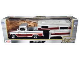 Motormax - 1966 Chevrolet C10 Fleetside Pickup Silver Metallic Brown Sides Camper Shell American Classics Series 1/24 - Silver Metallic And Brown