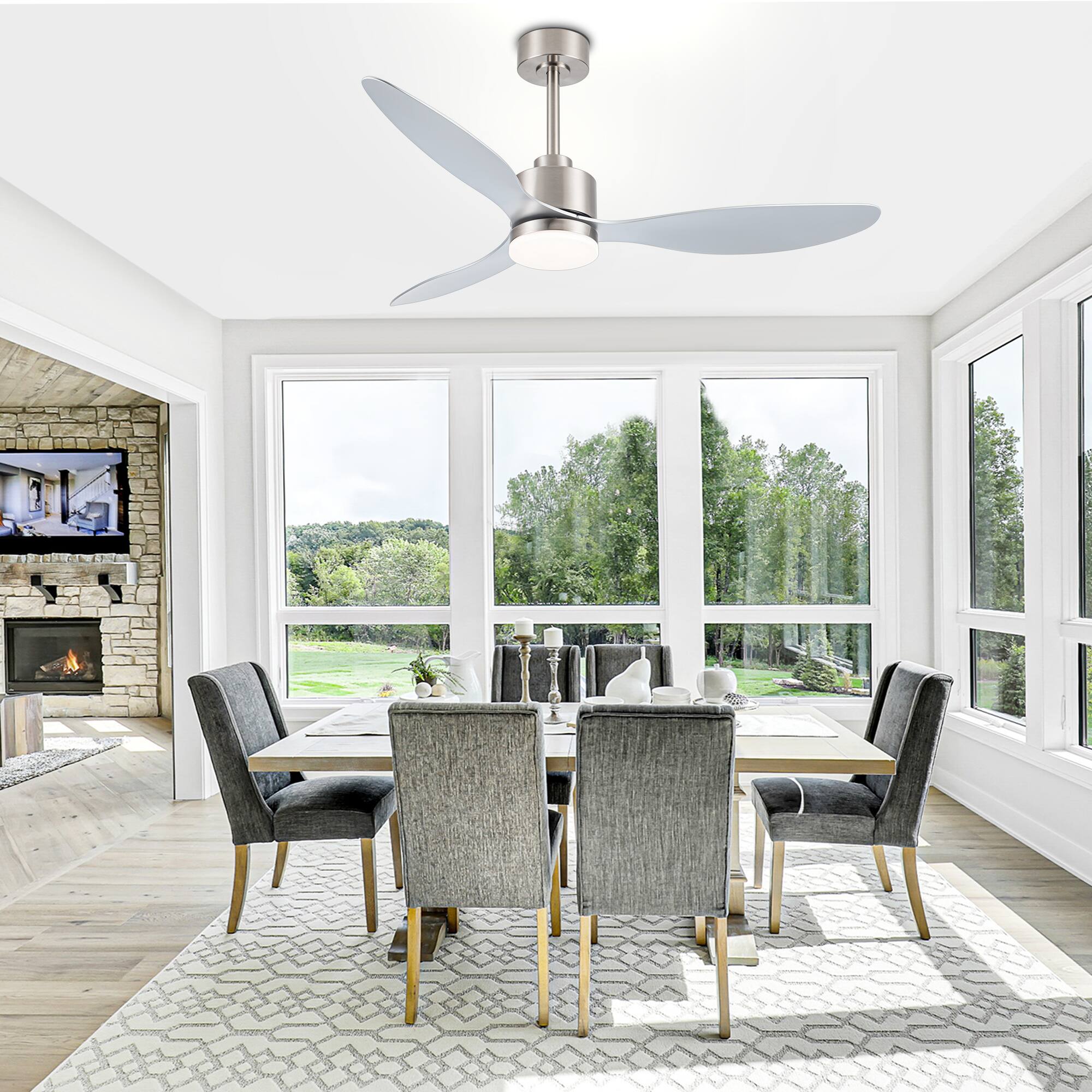 Alt View 2. Breezary - 52" Indoor Ceiling Fan, 3 ABS Blades, 6-Speed DC Motor, Remote Control, Memory/Timer, 3-Color LED Light, 5"/10" Downrods - Brushed Nickel and Silver.