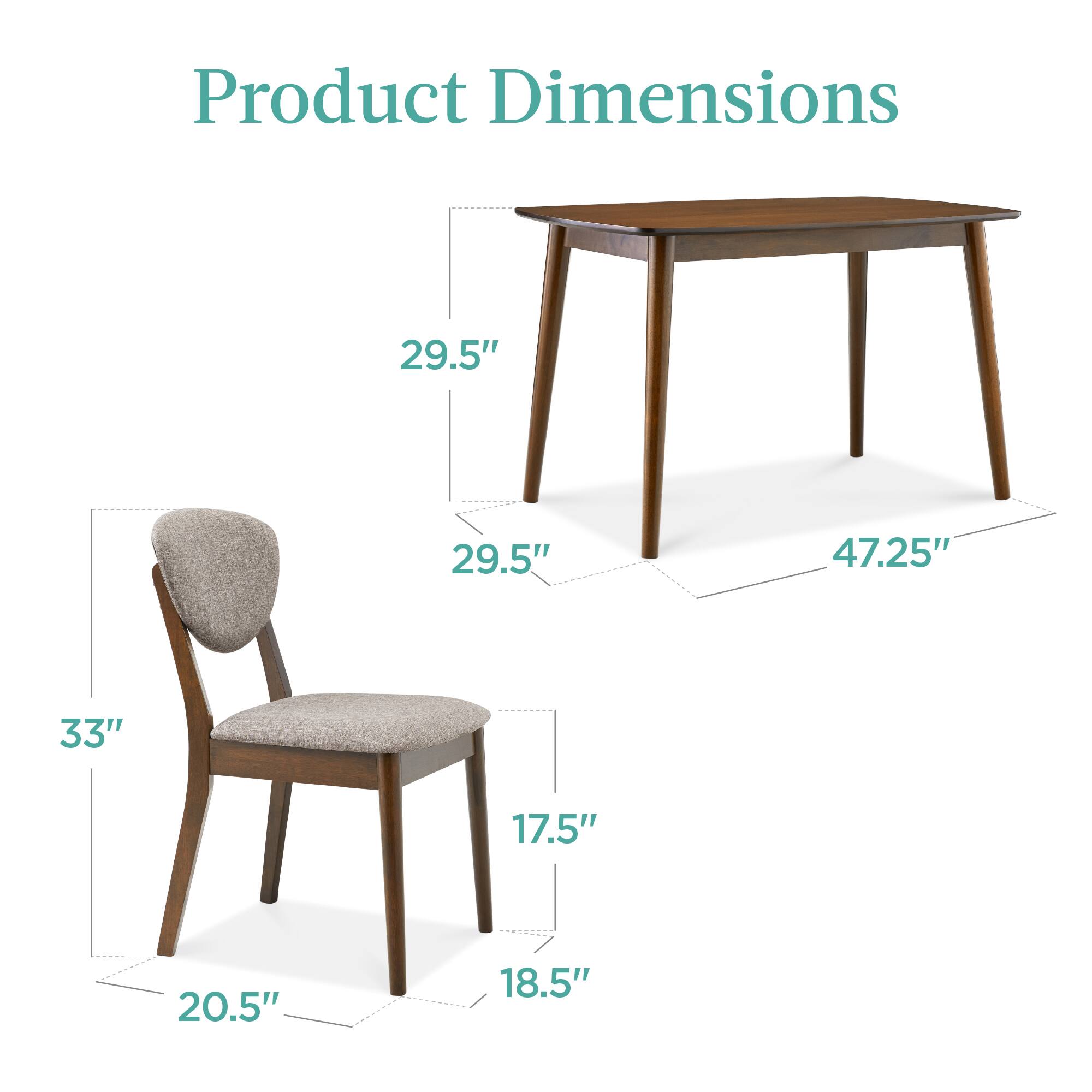 Product Dimensions: 29.5" x 29.5" x 47.25" (table), 33" x 17.5" x 20.5" x 18.5" (chair)
