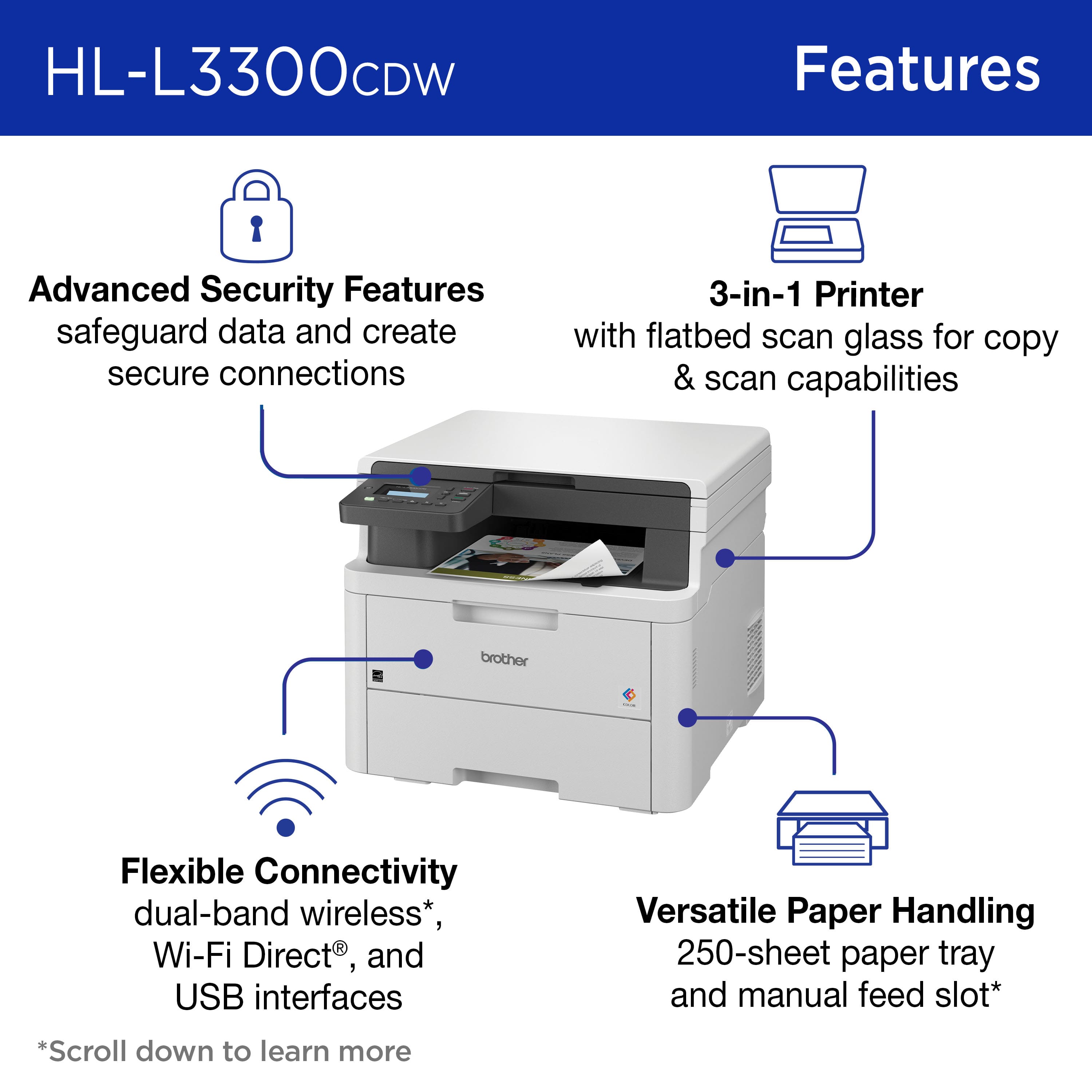 HL-L3300CDW Features:
1. Advanced Security Features: safeguard data and create secure connections.
2. 3-in-1 Printer with flatbed scan glass for copy & scan capabilities.
3. Flexible Connectivity: dual-band wireless, Wi-Fi Direct, and USB interfaces.
4. Versatile Paper Handling: 250-sheet paper tray and manual feed slot.
Note: The text is already grouped and correct.