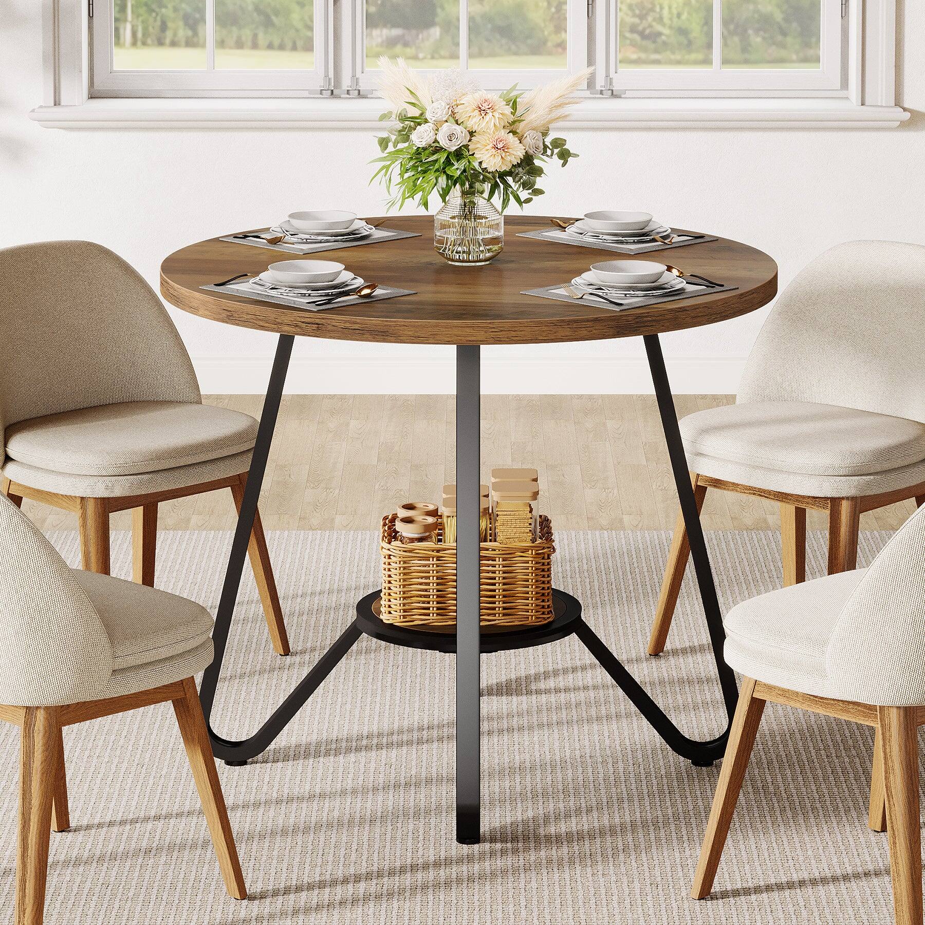Angle. Tribesigns - Dining Table with Storage Shelves, Adjustable Feet and Space-Saving Design for Dining Room and Kitchen - Brown.