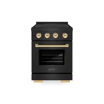 Front. ZLINE - Autograph 24 in. 3.2 cu. ft. Paramount Freestanding Induction Range with 3 Burners in Black Steel with Gold Accents - Black Stainless Steel.