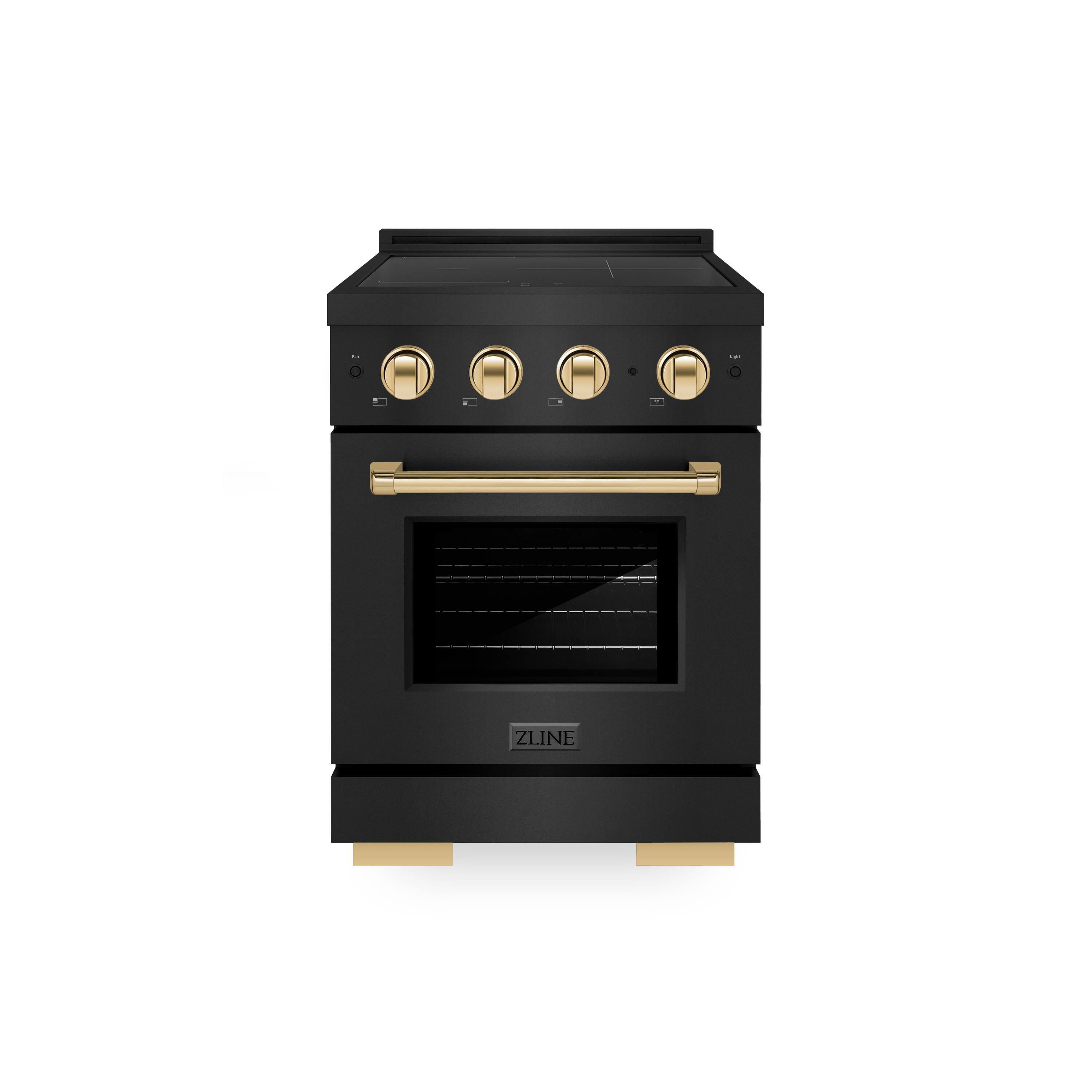 Front. ZLINE - Autograph 24 in. 3.2 cu. ft. Paramount Freestanding Induction Range with 3 Burners in Black Steel with Gold Accents - Black Stainless Steel.