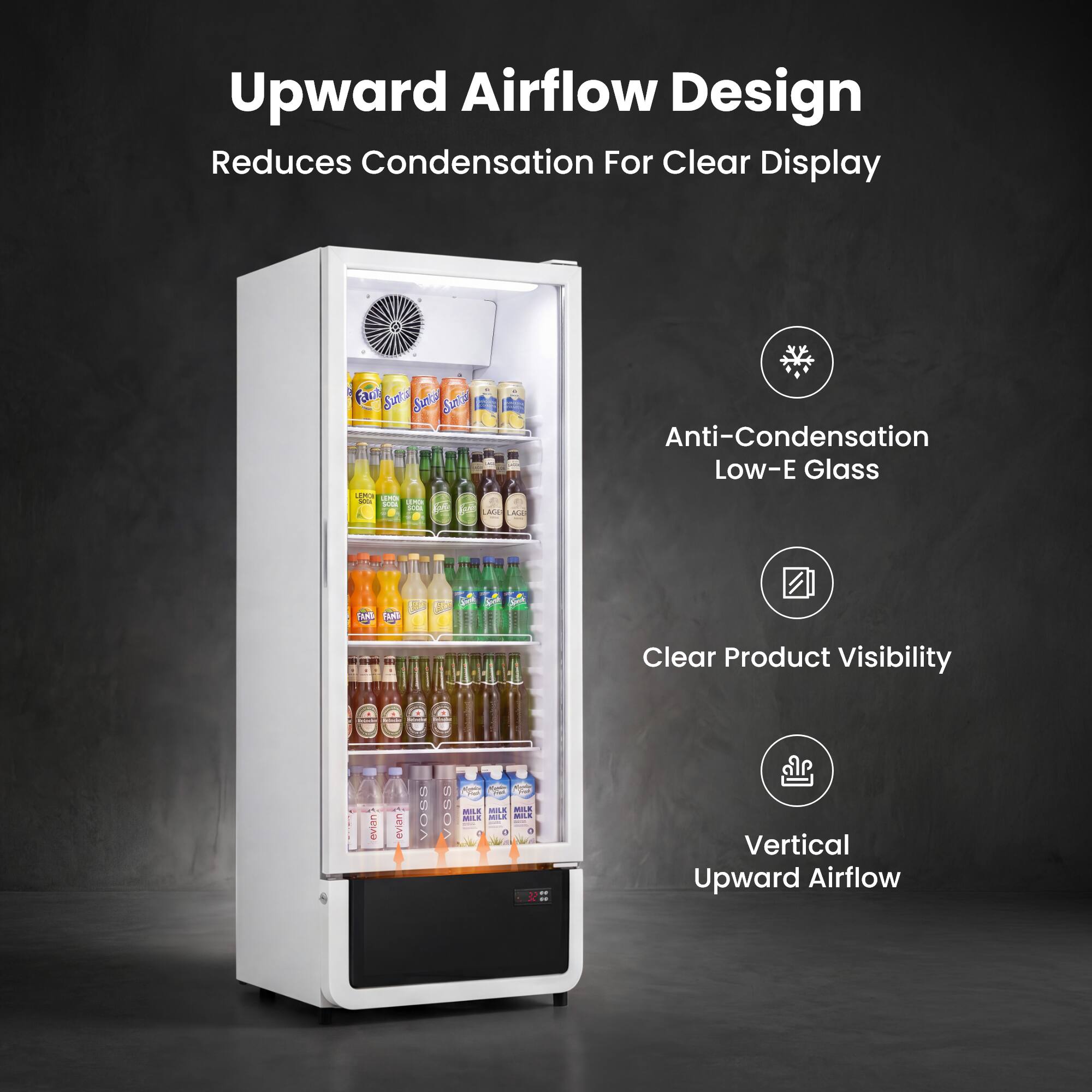 Upward Airflow Design Reduces Condensation For Clear Display

Anti-Condensation Low-E Glass

Clear Product Visibility

Vertical Upward Airflow