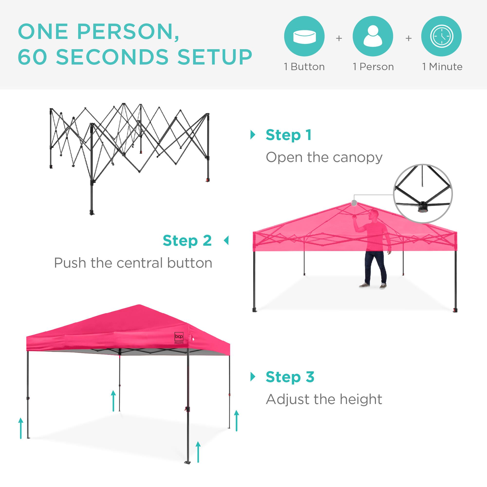 ONE PERSON, 60 SECONDS SETUP

1 Button + 1 Person + 1 Minute

Step 1
Open the canopy

Step 2
Push the central button

Step 3
Adjust the height