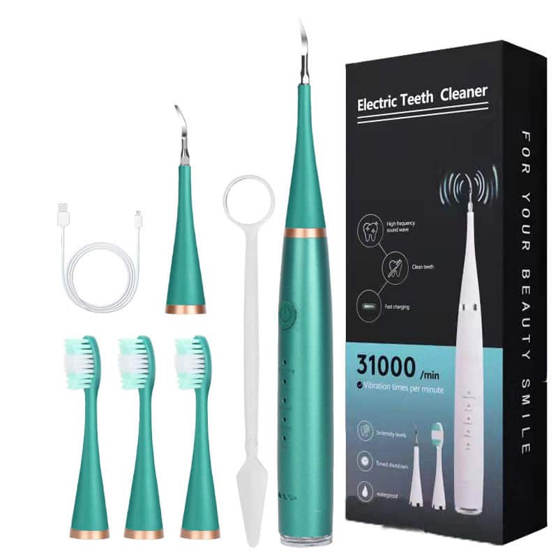 Cluzine - Sonic Electric Toothbrush Tartar Plaque Remover Dental Scaler Oral Hygiene Teeth Cleaning Kit - Green
