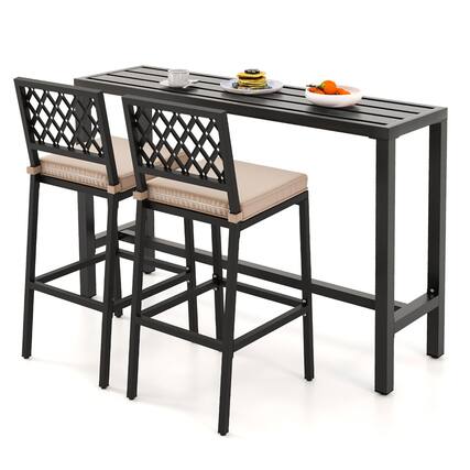 Front. Gymax - Gymax 3PCS Outdoor Metal Bar Table & Chairs Set Patio Dining Table Set w/ Cushion - Black + Beige.