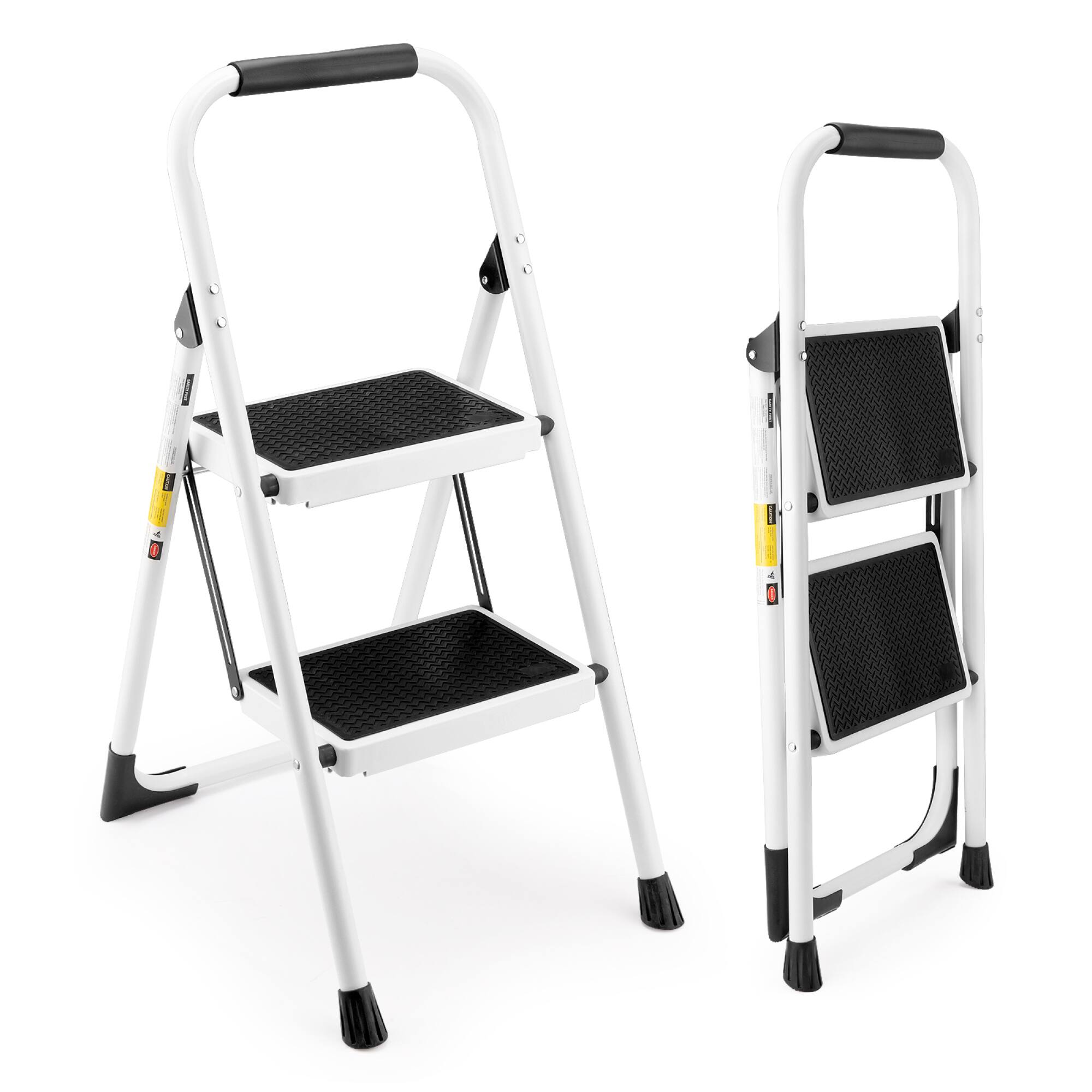 Front. ELEMENT ACE - Folding Step Stool with Anti-Slip Pedals and Safety Handrails for Household Use - White PU.