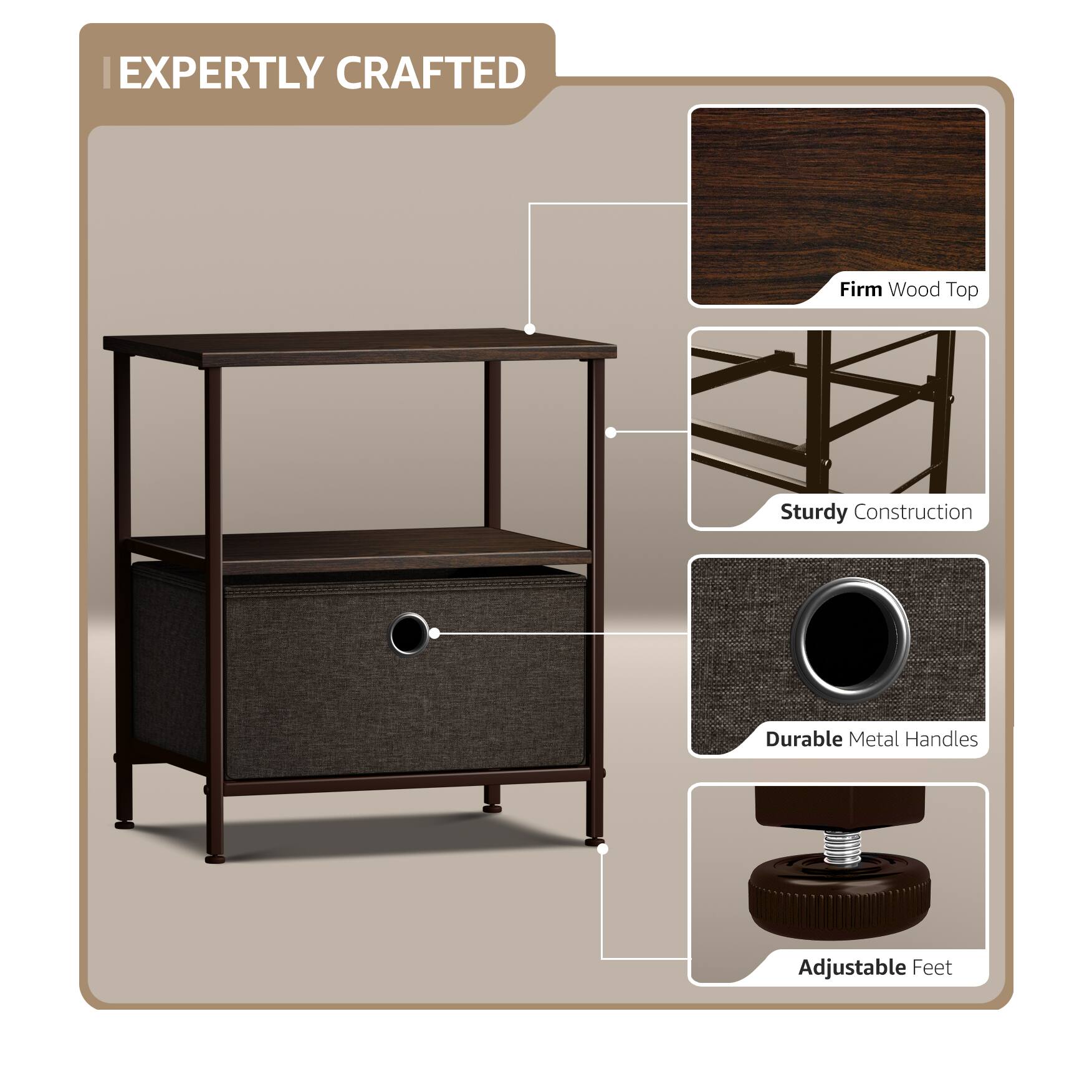 I Expertly Crafted Firm Wood Top Sturdy Construction Durable Metal Handles Adjustable Feet