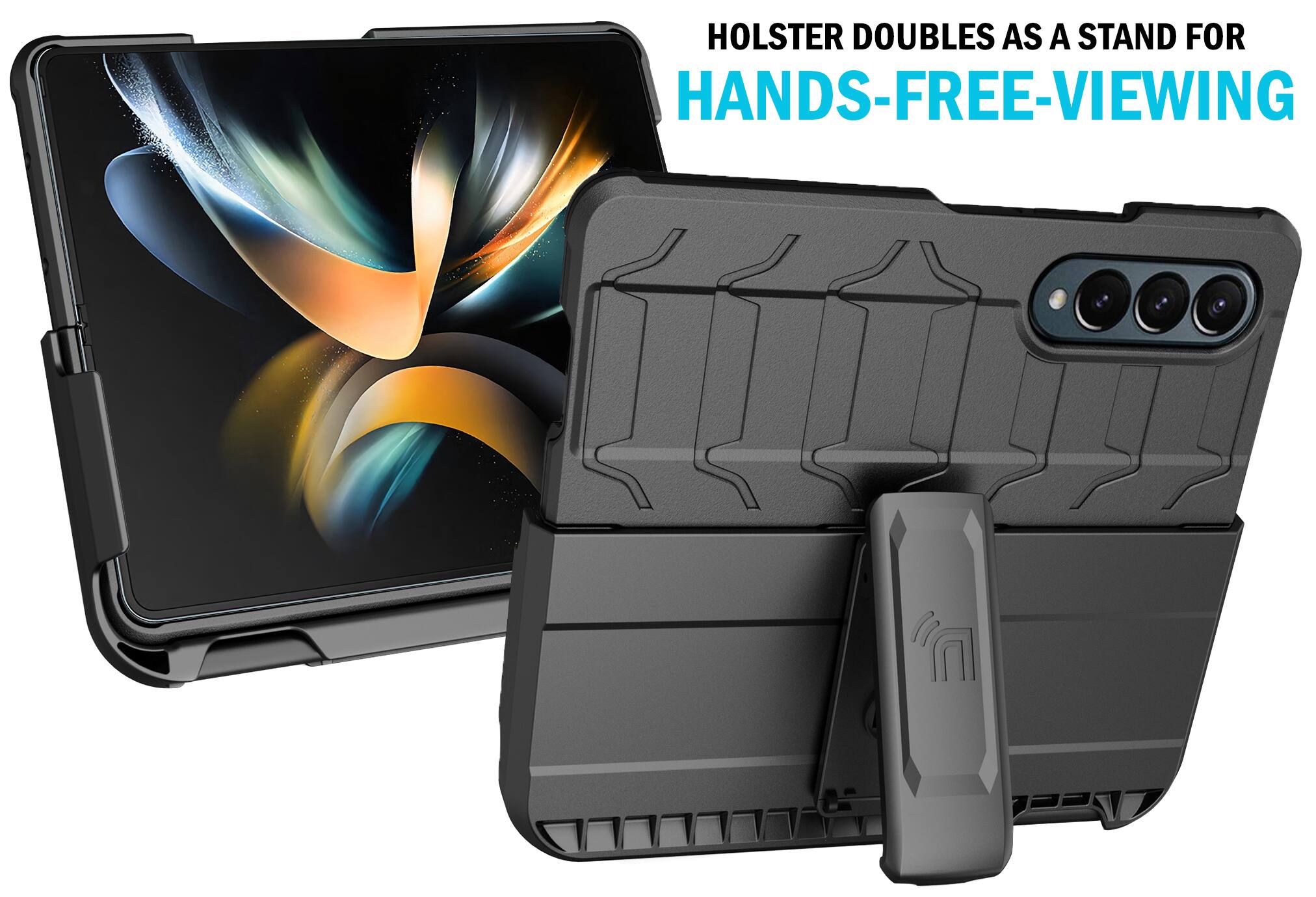 Holster doubles as a stand for hands-free viewing