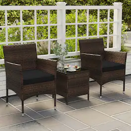 Gymax - 3 PCS Outdoor Conversation Set w/ Cushioned Seat & Tempered Glass Tabletop - Black