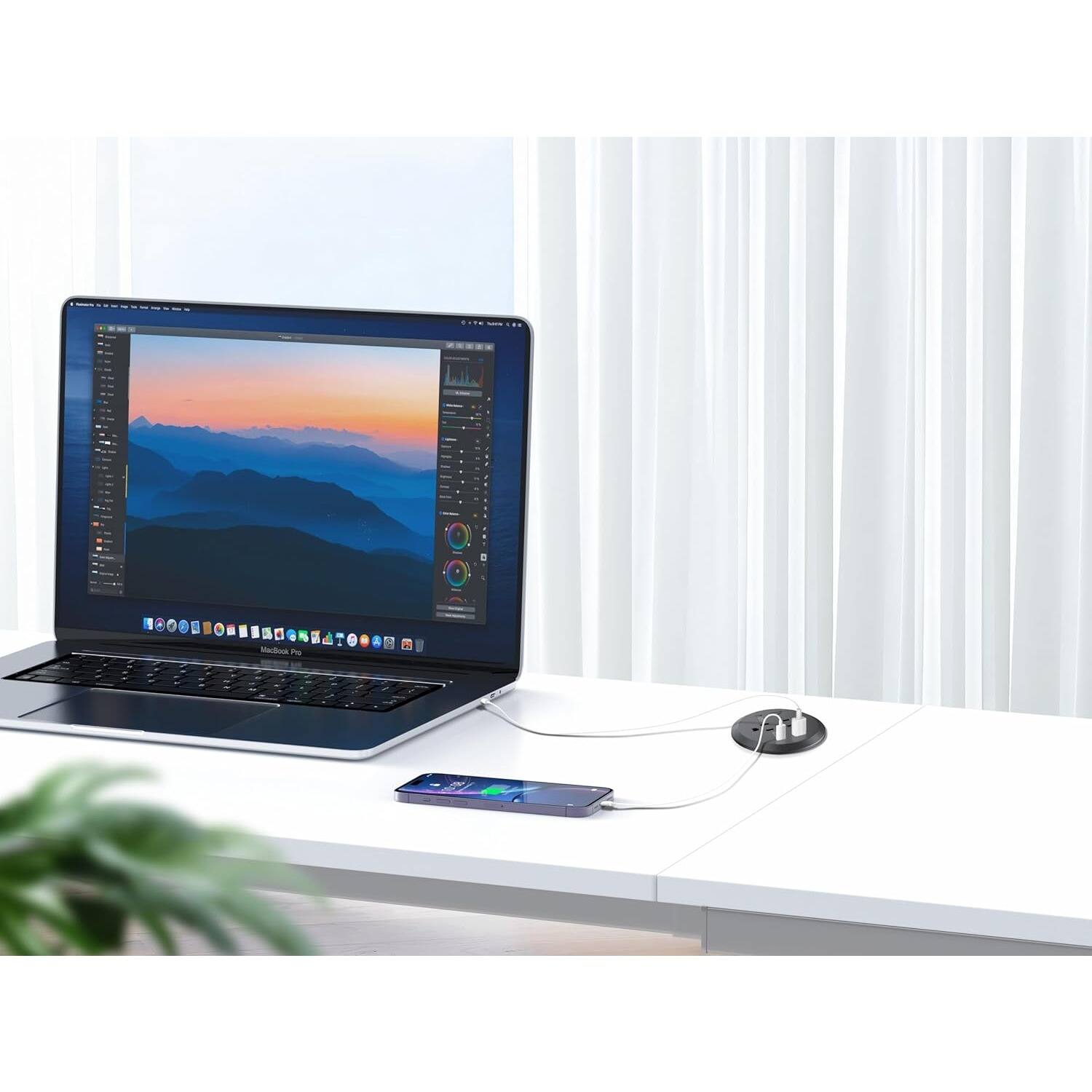 Alt View 1. PARKER SLATER - Desktop Power Grommet with 2 Outlets, 4 USB (2 PD 20W USB-C), 40W Fast Charging, 3" Hole Mount, 6FT Cord - Black.