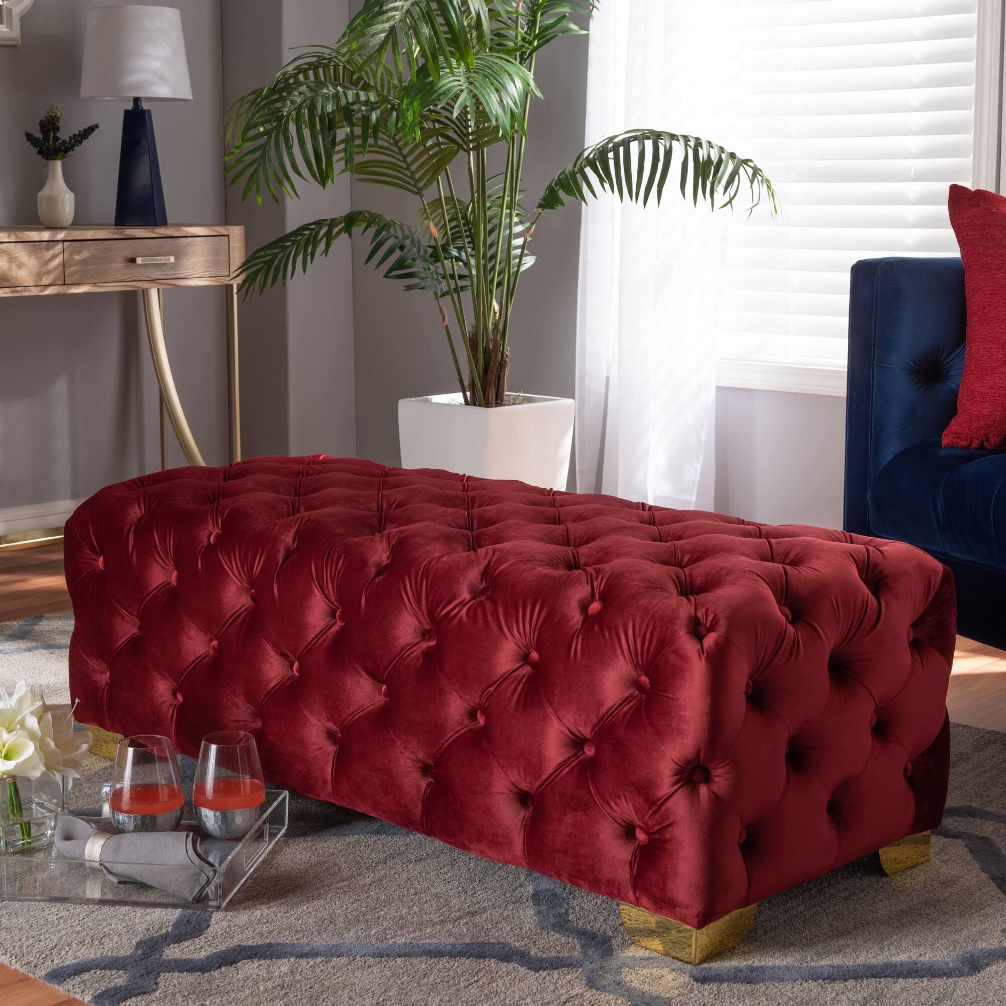 Alt View 2. Baxton Studio - Avara Glam and Luxe Velvet Fabric Upholstered Gold Finished Button Tufted Bench Ottoman - Burgundy/Gold.