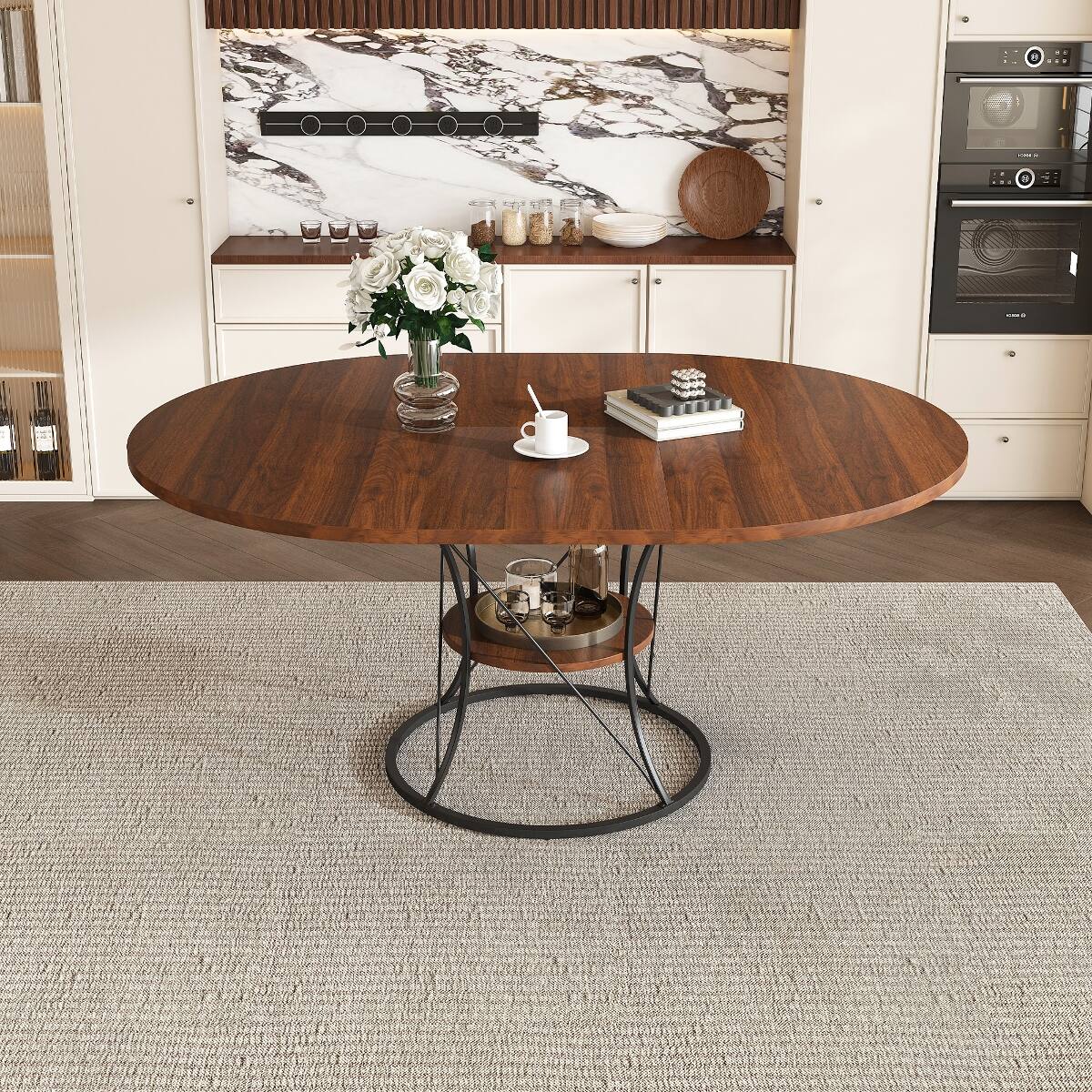 Alt View 8. Loheer - Loheer 43 to 59 inch Extendable Round Dining Table, Walnut Veneer, Black Metal Base - Brown and black.