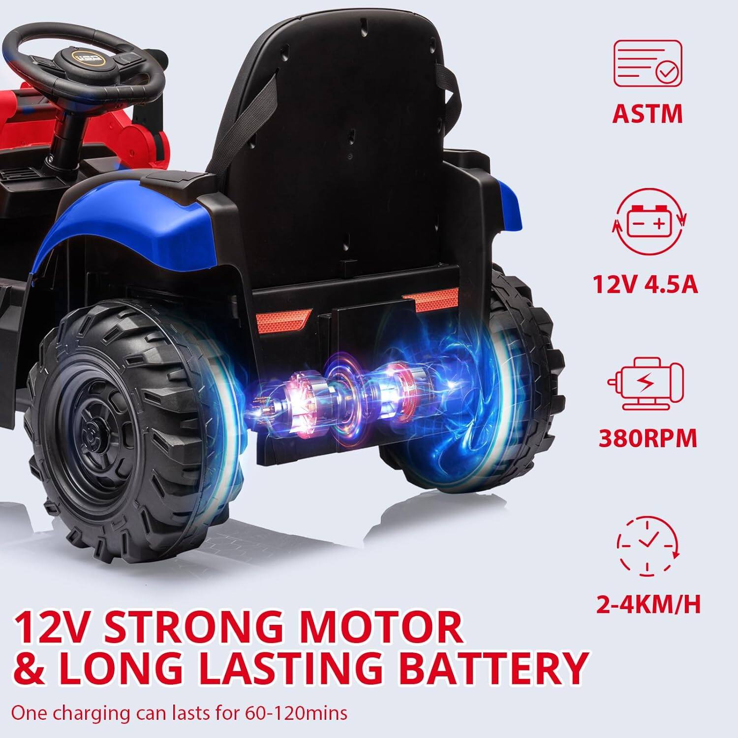 ASTM  
12V 4.5A  
380RPM  
2-4KM/H  
12V STRONG MOTOR & LONG LASTING BATTERY  
One charging can lasts for 60-120mins