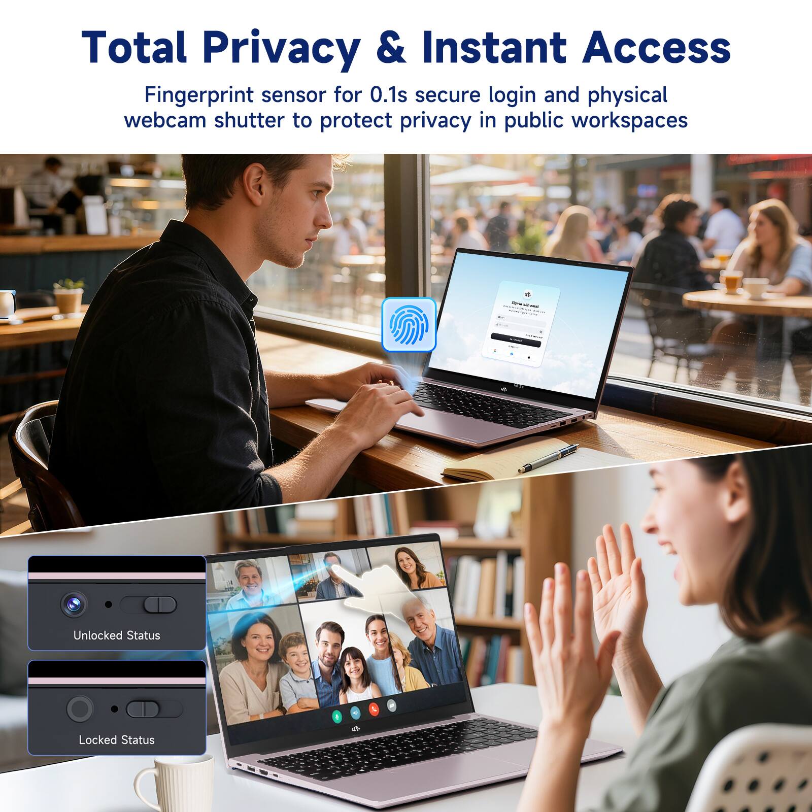 Total Privacy & Instant Access

Fingerprint sensor for 0.1s secure login and physical webcam shutter to protect privacy in public workspaces

Unlocked Status

Locked Status