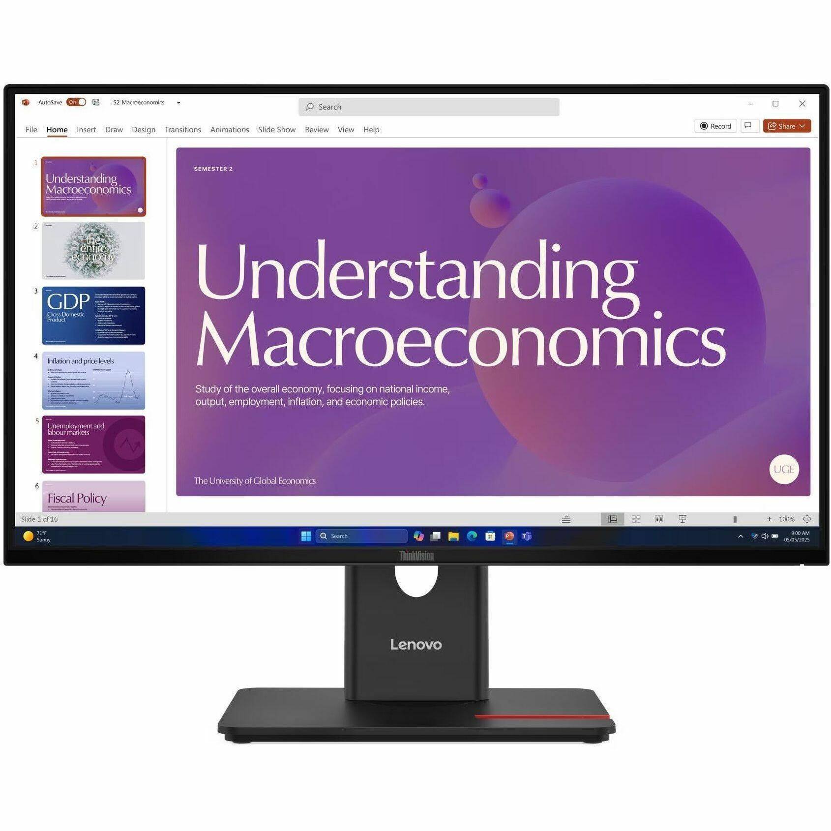 **SEMESTER 2**

**Understanding Macroeconomics**

1. Understanding Macroeconomics
2. GDP
3. Inflation and price levels
4. Unemployment and labour markets
5. Fiscal Policy

**Slide 1 of 16**

**Study of the overall economy, focusing on national income, output, employment, inflation, and economic policies.**

**The University of Global Economics**

**UGE**
