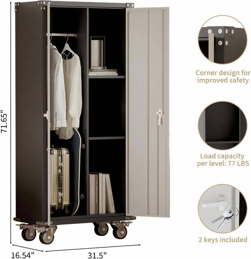 Corner design for improved safety  
Load capacity per level: 77 LBS  
2 keys included  

Dimensions:  
Height: 71.65"  
Width: 31.5"  
Depth: 16.54"
