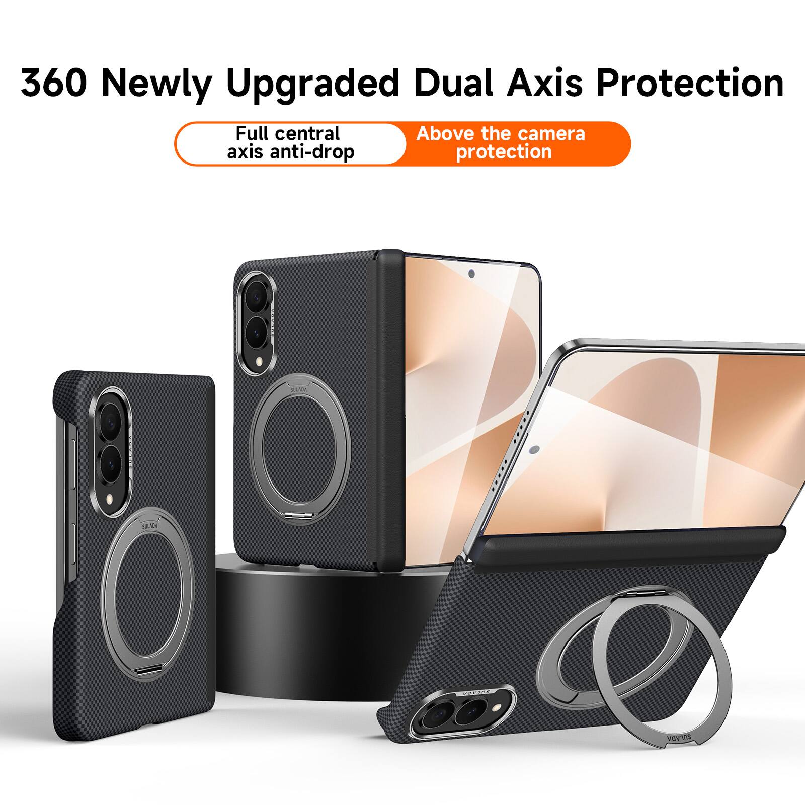 Dteck - for Samsung Galaxy Z Fold8 Magnetic PU Leather Case with Rotating Ring Kickstand,Full Hinge Protection PC Back Cover - Black