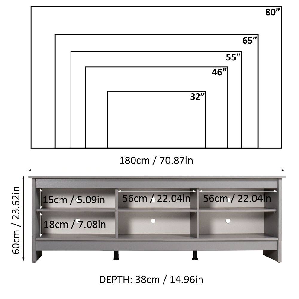 - 80" / 203.2cm
- 65" / 165.1cm
- 55" / 140cm
- 46" / 116.8cm
- 32" / 81.3cm

- 180cm / 70.87in
- 56cm / 22.04in
- 56cm / 22.04in
- 15cm / 5.09in
- 18cm / 7.08in

- DEPTH: 38cm / 14.96in