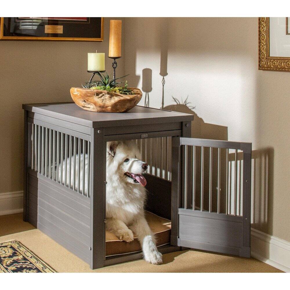 Angle. New Age Pet - ECOFLEX Dog Crate End Table - Grey Large.